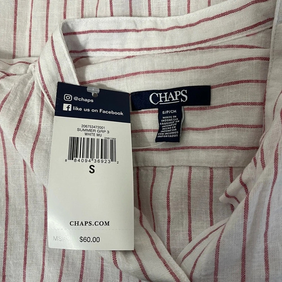 Chaps NWT White Red Stripe Bell Sleeve Button Down Linen Blend Top Small Women’s - Picture 9 of 11